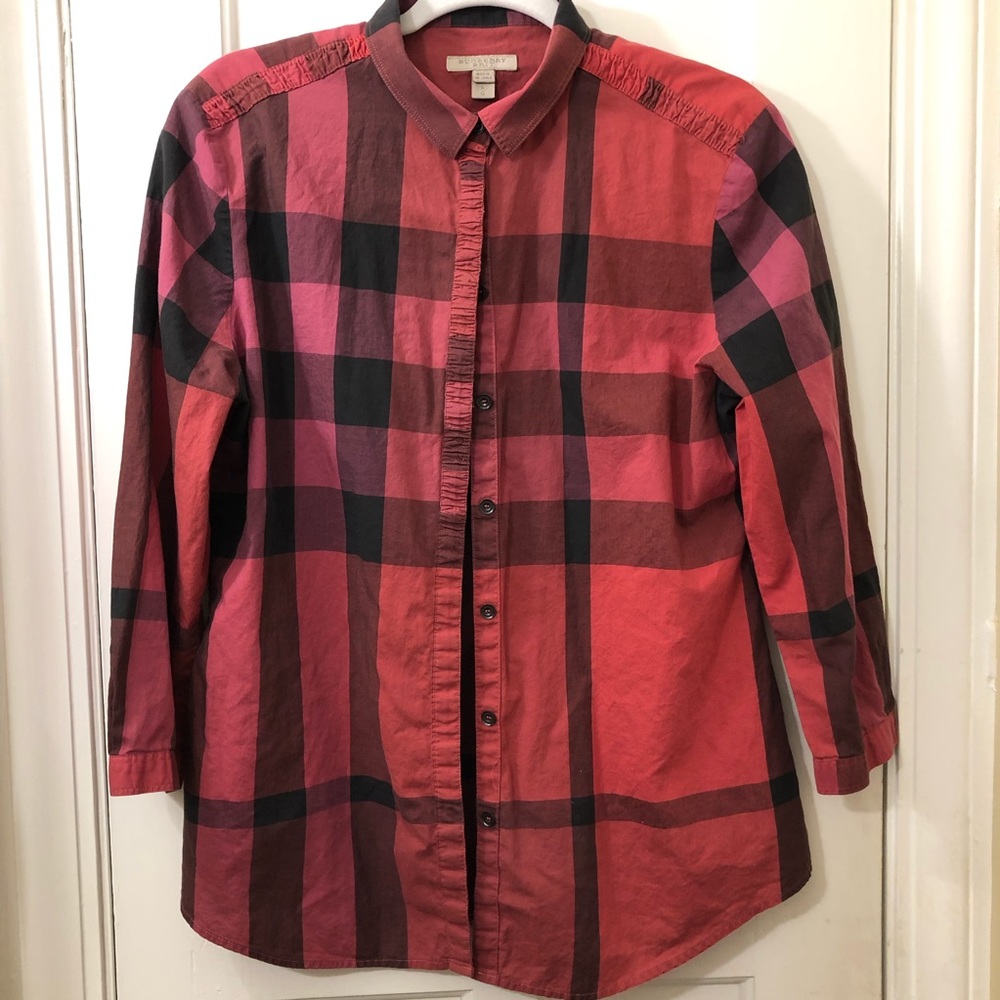 Burberry Brit Red Ruched Button Down Shirt Large
